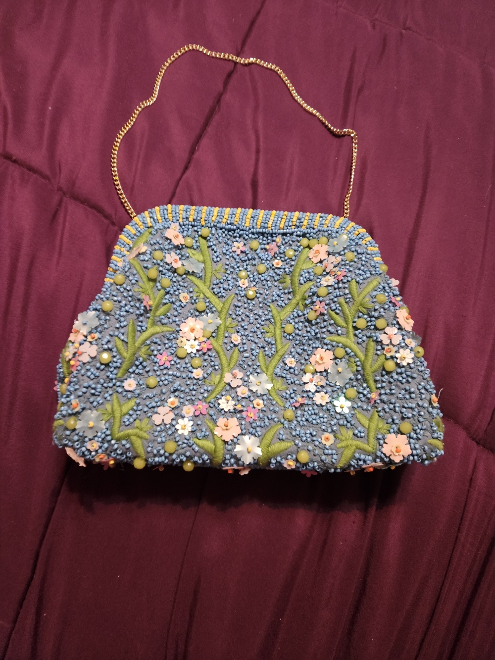 NWOT Blue Beaded Floral Evening Bag with Gold Chain
